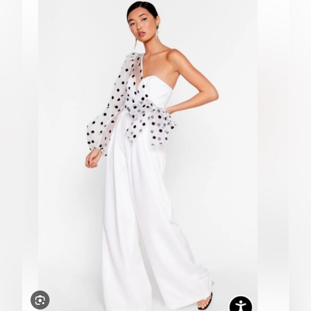 Nasty Gal White Jumpsuit with Black Polka Dot Sleeve